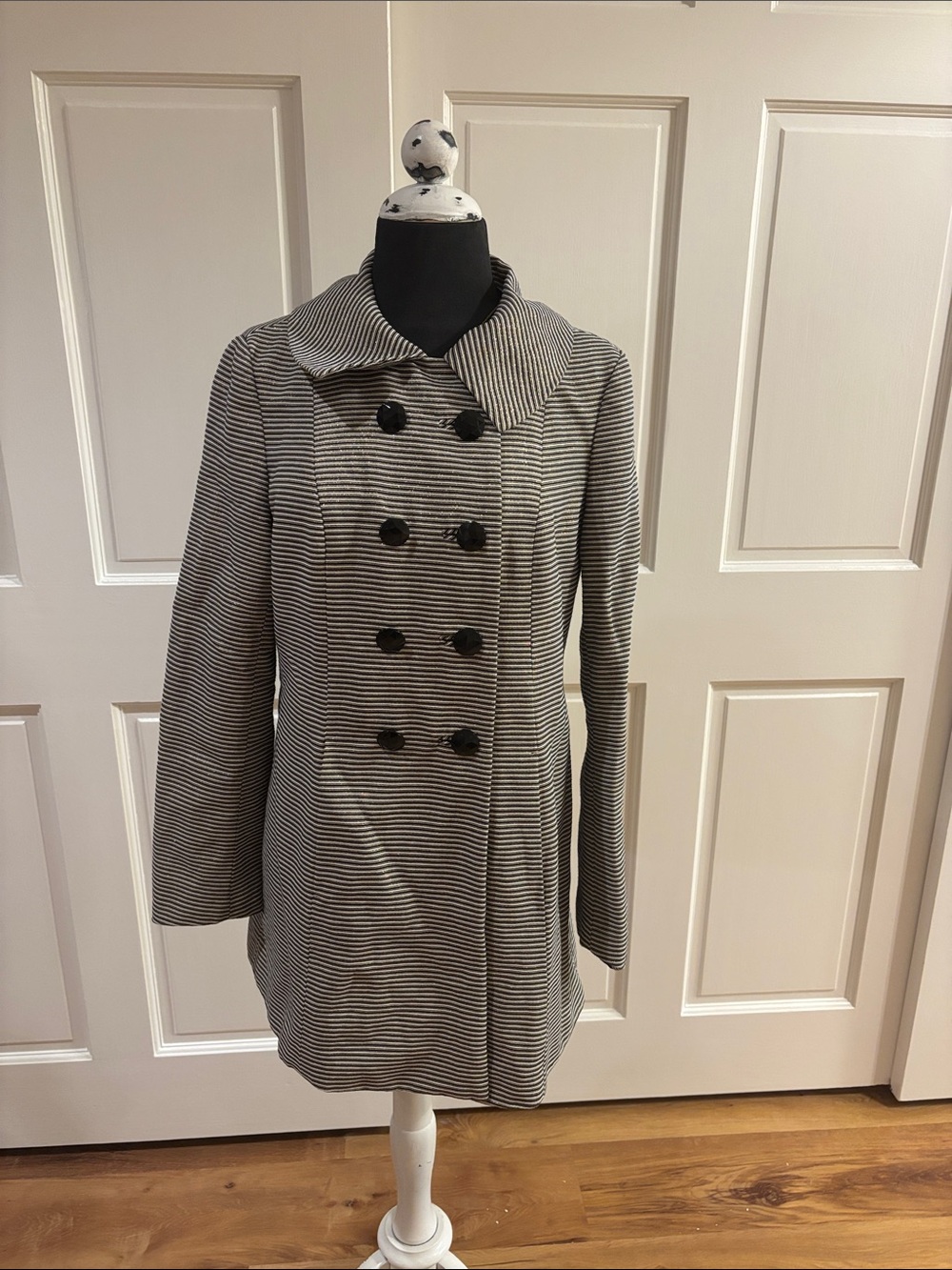Banana Republic Black, White & Gold Sparkle Striped Double-Breasted Pea Coat